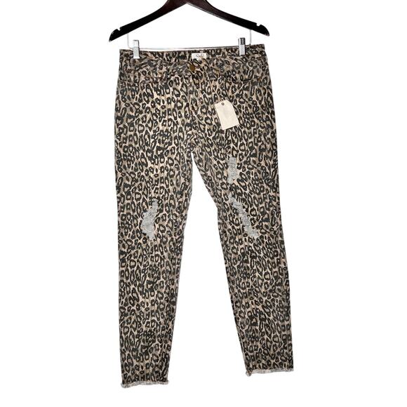 Easel NEW pants size L 32 cheetah print beige/black distressed mob wife artsy - Picture 1 of 9